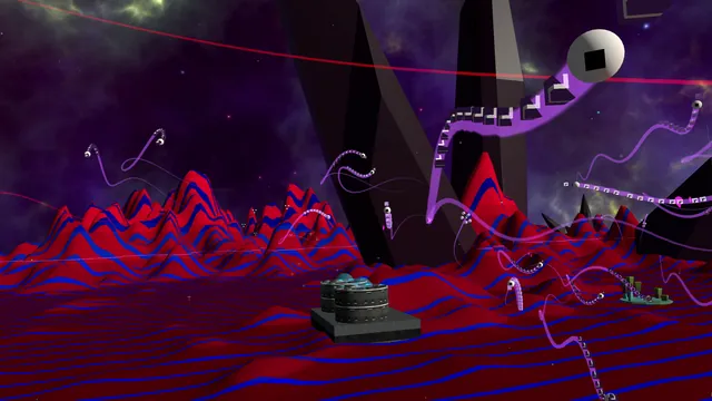 Red ridges under black monoliths and a pale moon, with chains of cubes winding through the sky.